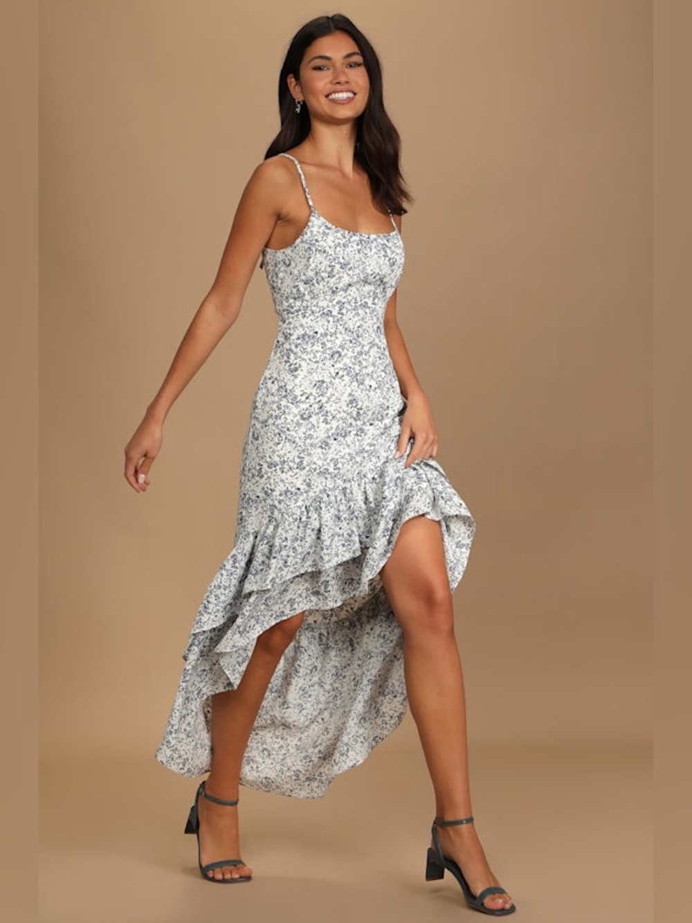 Lulus Cheery Attitude White Floral Print Ruffled High-Low Maxi Dress